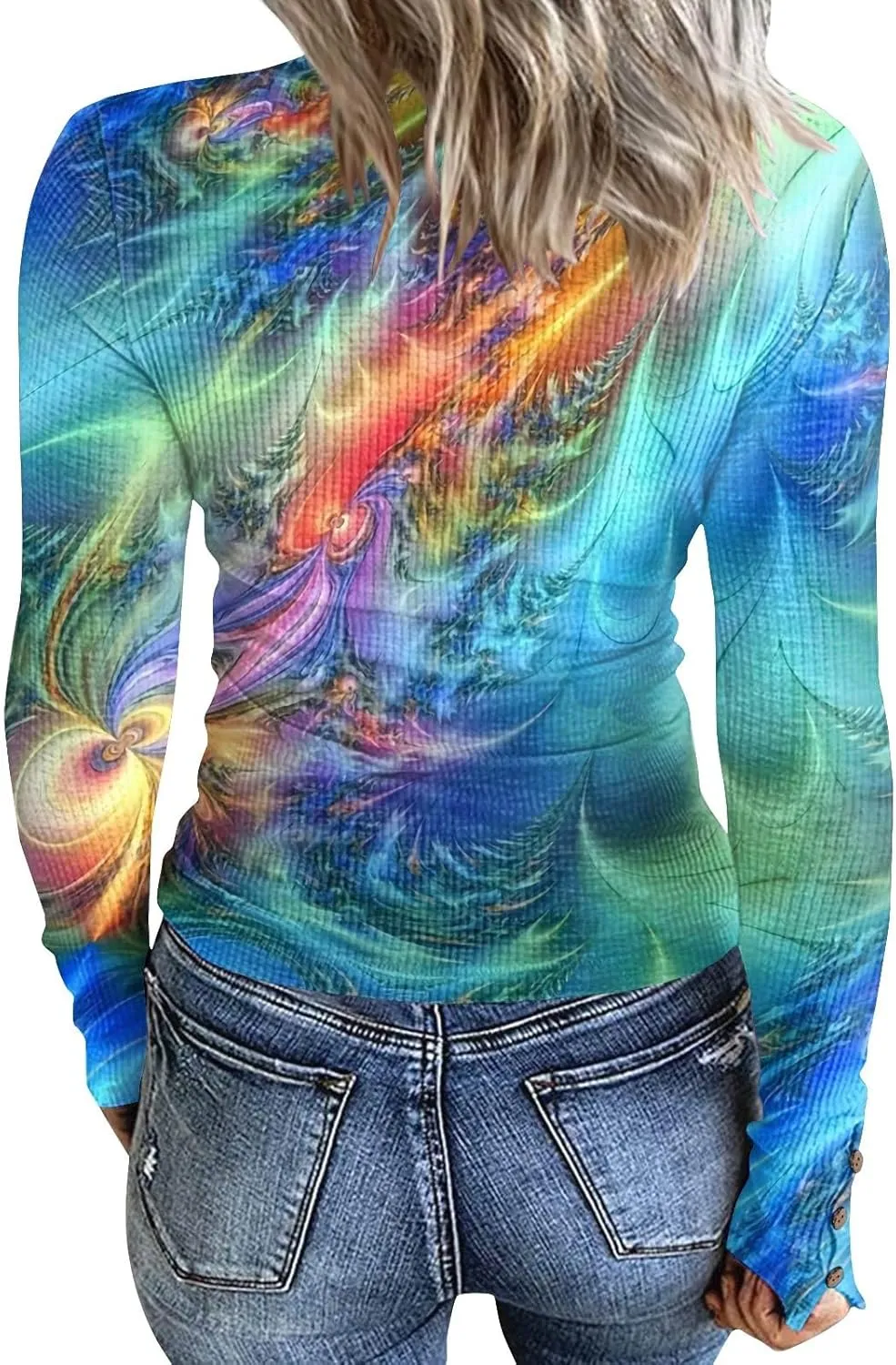2023 Fall Winter Women's Tshirt Long Sleeve top Button lace Round Neck Gradient Print Casual Fashion Shirt Sexy Tunic