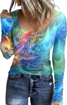 2023 Fall Winter Women's Tshirt Long Sleeve top Button lace Round Neck Gradient Print Casual Fashion Shirt Sexy Tunic
