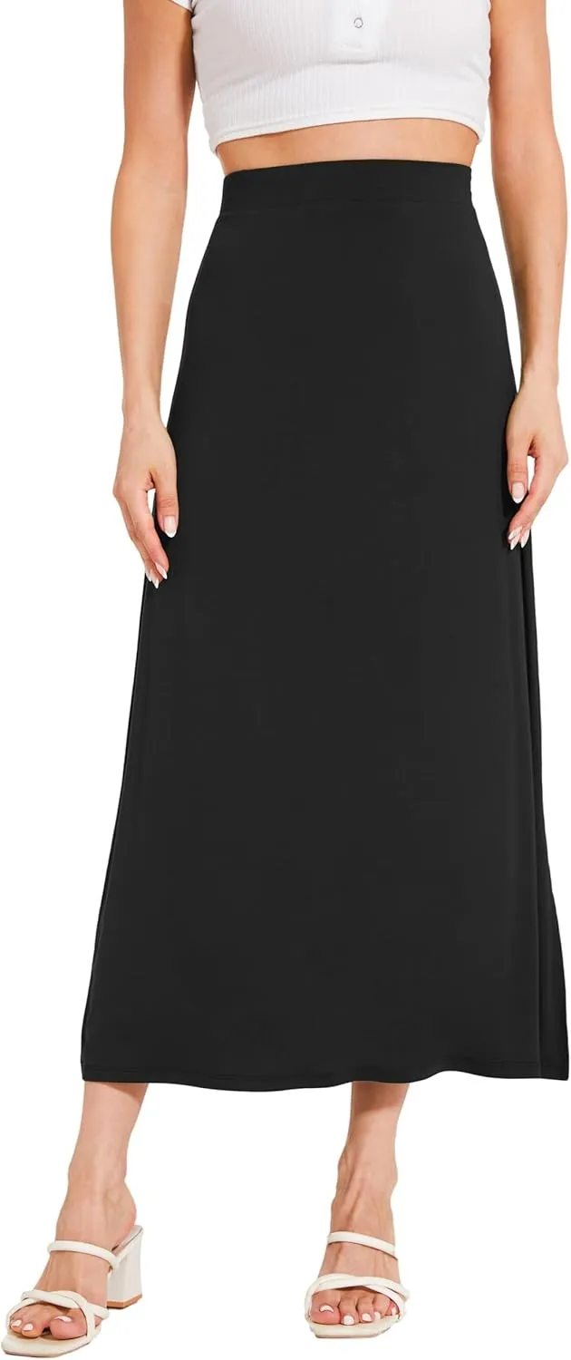 Bamboo Viscose Skirts for Women Midi Length Flowy High Waisted Summer Knit Long Skirts with Slit
