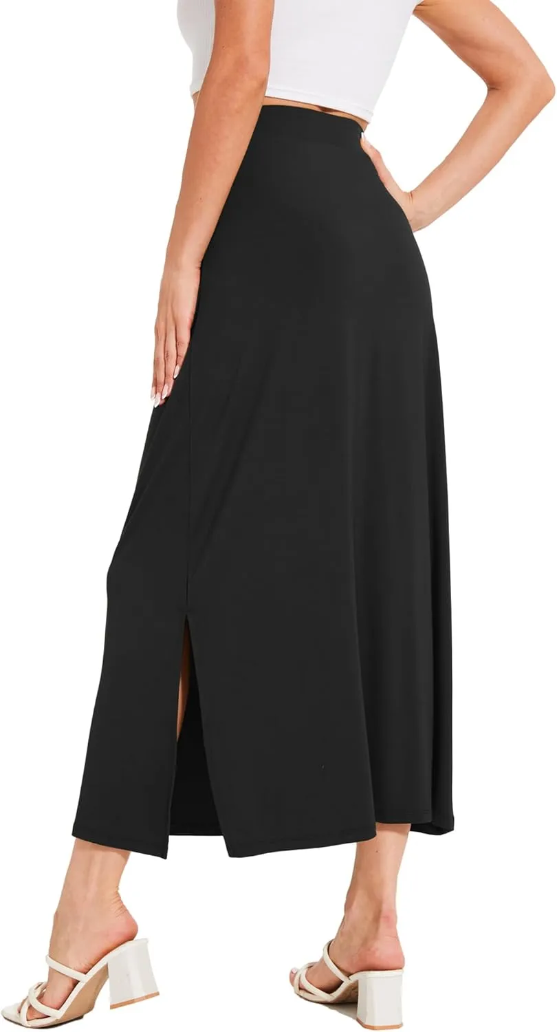 Bamboo Viscose Skirts for Women Midi Length Flowy High Waisted Summer Knit Long Skirts with Slit