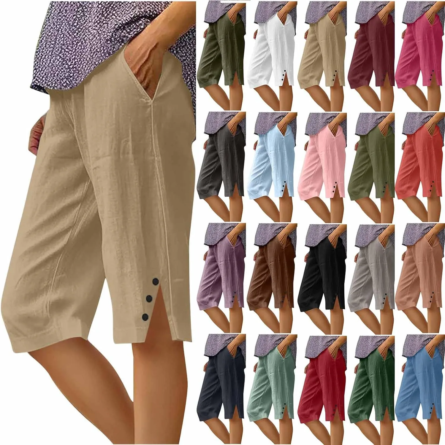 Bermuda Shorts for Women Knee Length Cotton Linen Shorts Casual Elastic Waisted Wide Leg Shorts Summer Beach Outfits