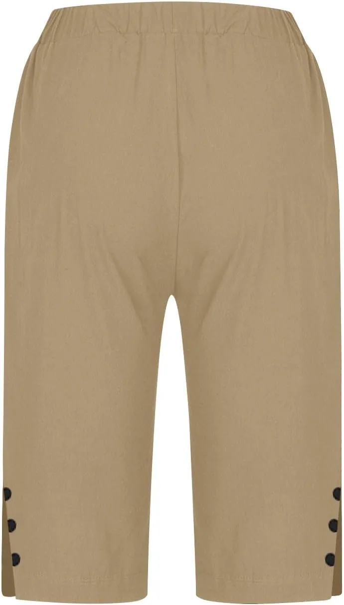 Bermuda Shorts for Women Knee Length Cotton Linen Shorts Casual Elastic Waisted Wide Leg Shorts Summer Beach Outfits