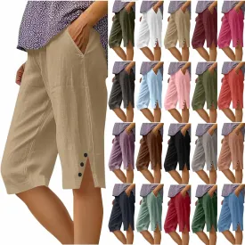 Bermuda Shorts for Women Knee Length Cotton Linen Shorts Casual Elastic Waisted Wide Leg Shorts Summer Beach Outfits