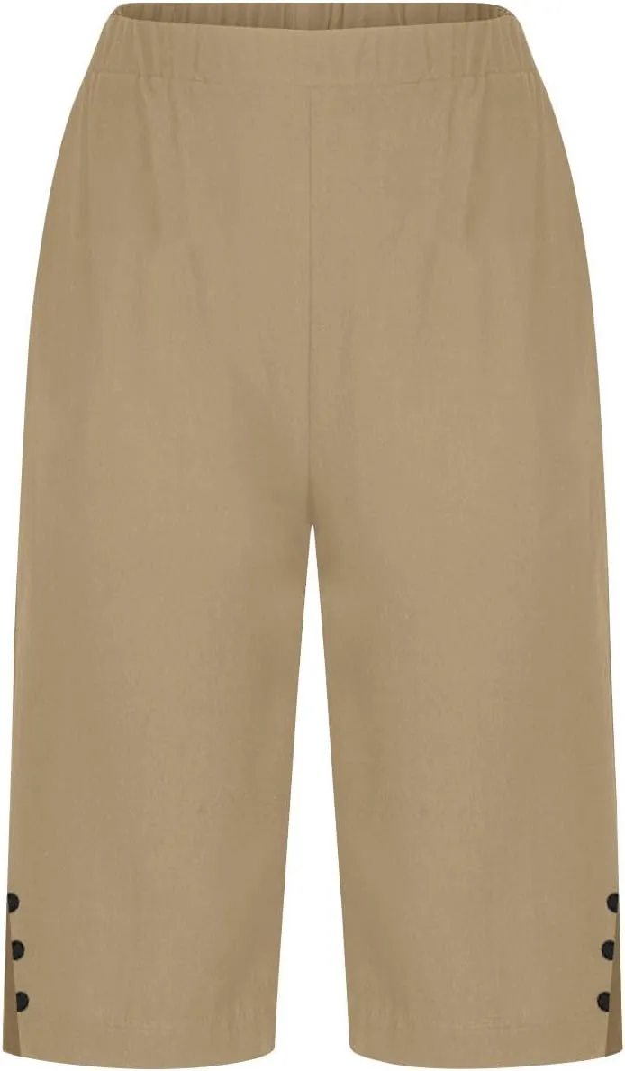 Bermuda Shorts for Women Knee Length Cotton Linen Shorts Casual Elastic Waisted Wide Leg Shorts Summer Beach Outfits