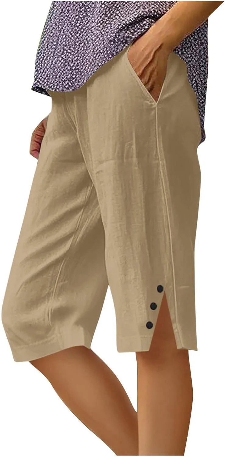 Bermuda Shorts for Women Knee Length Cotton Linen Shorts Casual Elastic Waisted Wide Leg Shorts Summer Beach Outfits