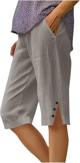 Bermuda Shorts for Women Knee Length Cotton Linen Shorts Casual Elastic Waisted Wide Leg Shorts Summer Beach Outfits