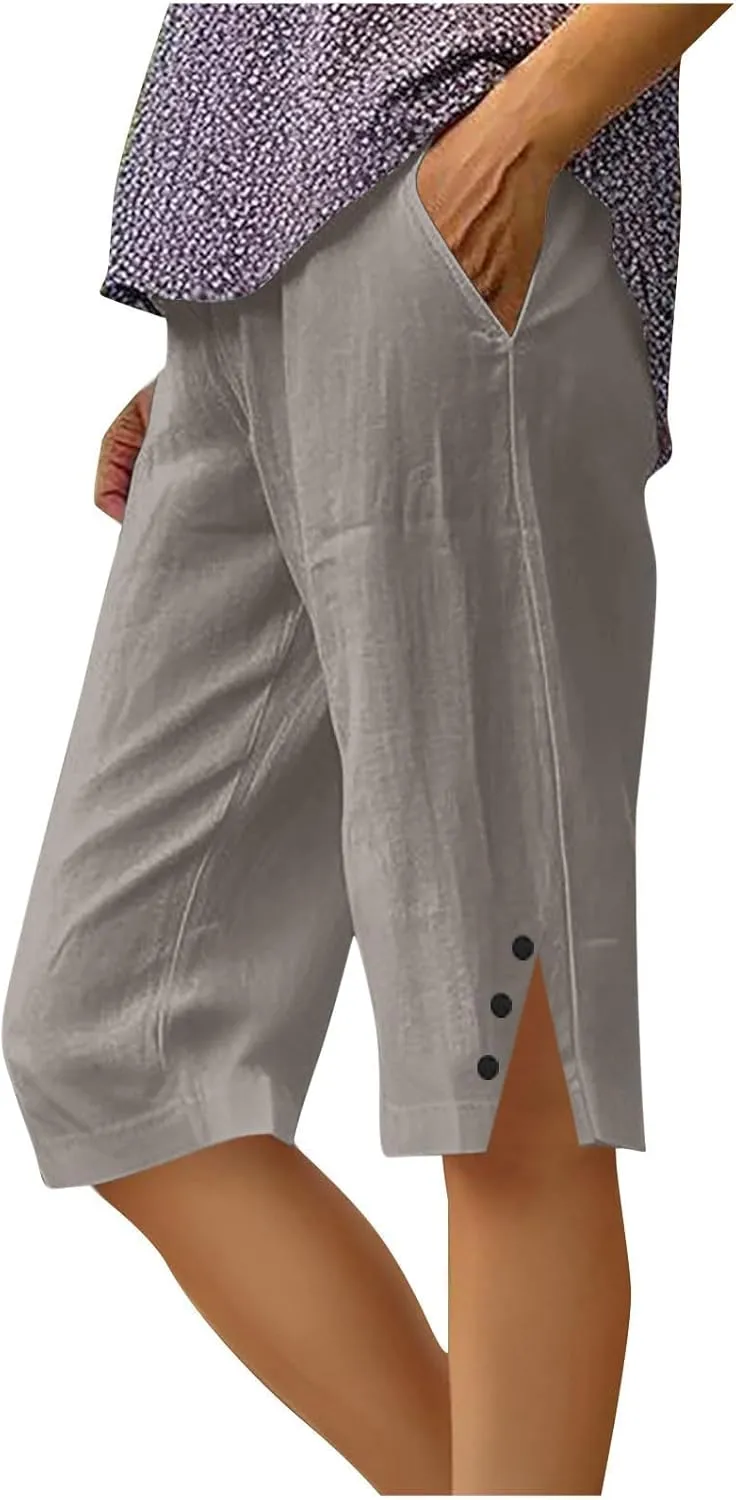 Bermuda Shorts for Women Knee Length Cotton Linen Shorts Casual Elastic Waisted Wide Leg Shorts Summer Beach Outfits