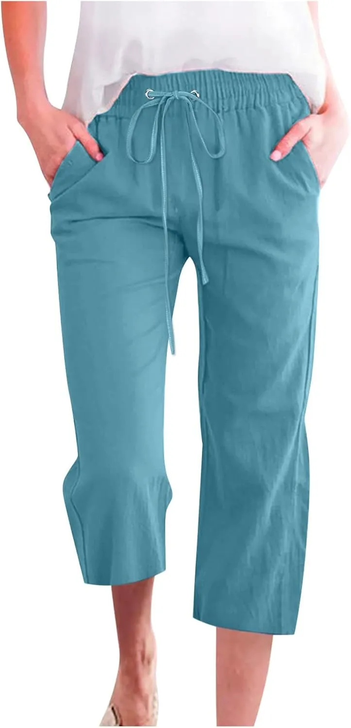 Capris Pants for Women Cotton Linen Casual Summer Plus Size Wide Leg Loose Drawstring Elastic Waist Cropped Trousers