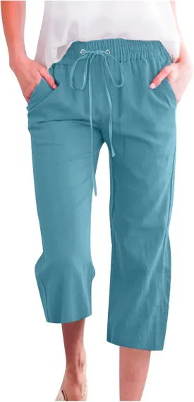 Capris Pants for Women Cotton Linen Casual Summer Plus Size Wide Leg Loose Drawstring Elastic Waist Cropped Trousers