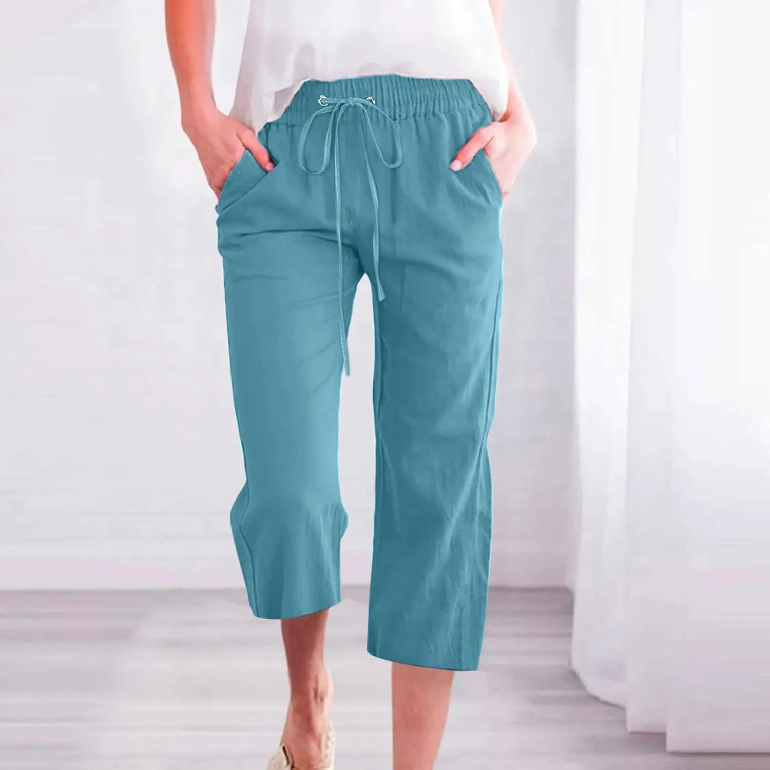 Capris Pants for Women Cotton Linen Casual Summer Plus Size Wide Leg Loose Drawstring Elastic Waist Cropped Trousers
