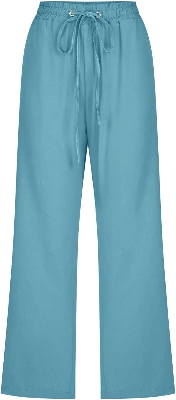 Capris Pants for Women Cotton Linen Casual Summer Plus Size Wide Leg Loose Drawstring Elastic Waist Cropped Trousers