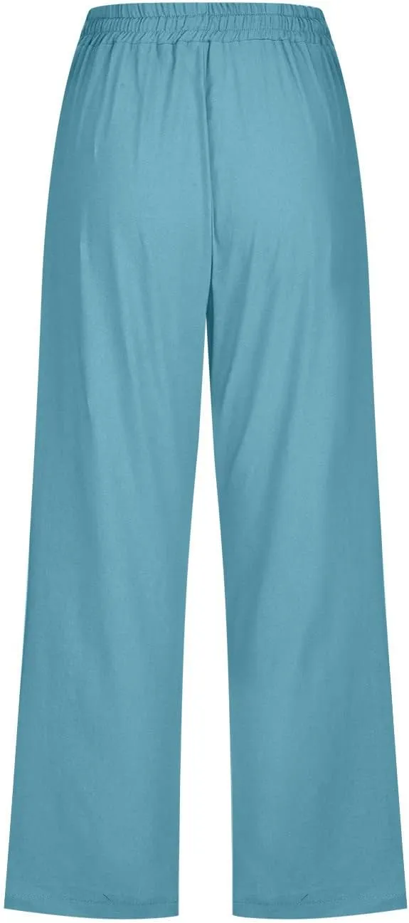 Capris Pants for Women Cotton Linen Casual Summer Plus Size Wide Leg Loose Drawstring Elastic Waist Cropped Trousers