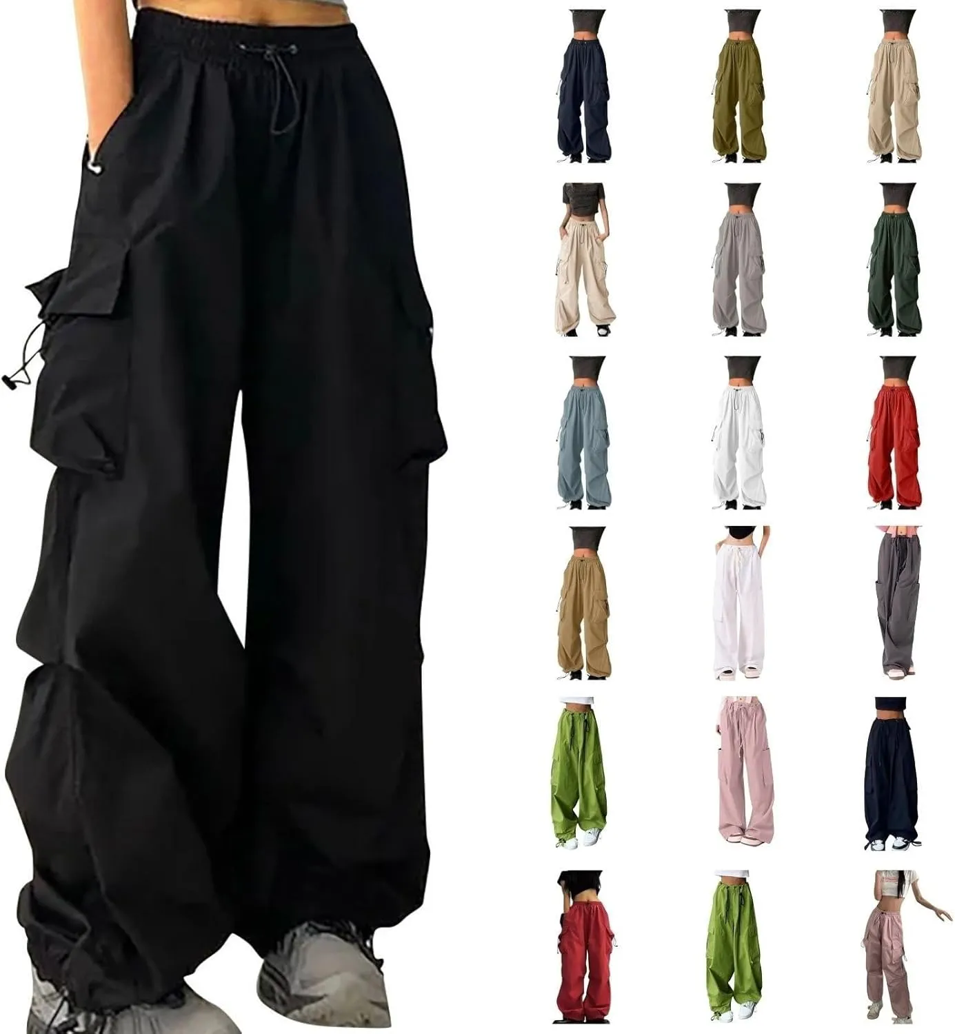 Cargo Pants Women High Waist Baggy Casual Solid Parachute Trousers Summer Loose Fit Y2K Streetwear with Mutil Pockets