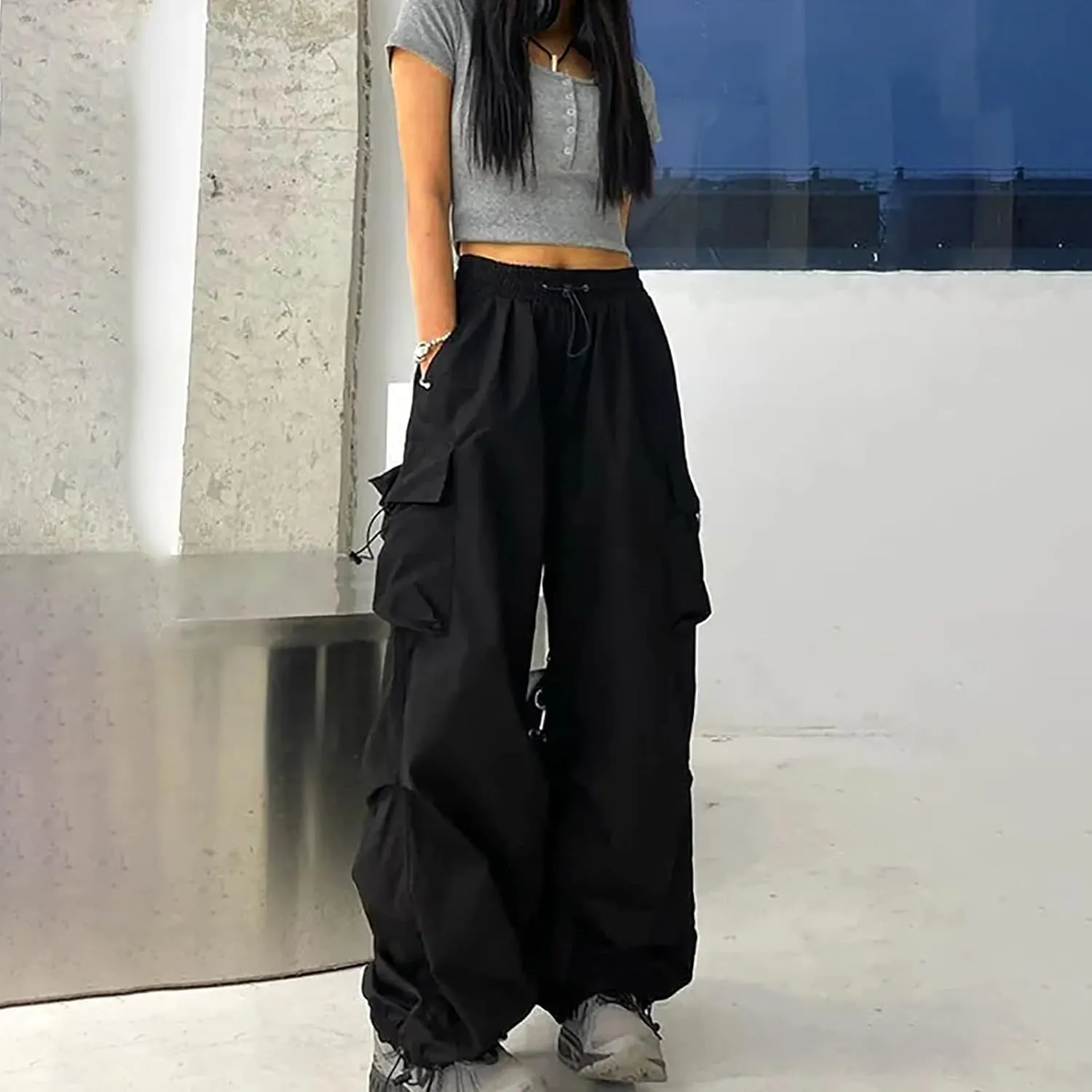 Cargo Pants Women High Waist Baggy Casual Solid Parachute Trousers Summer Loose Fit Y2K Streetwear with Mutil Pockets