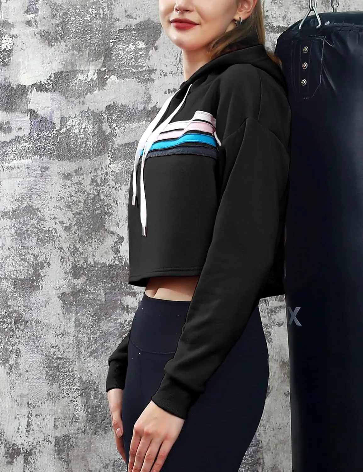 DOUBLJU Casual Crop Hoodies Long Sleeve Pullover Drawstring Hooded Sweatshirts Basic Cropped Tops for Womens with Plus Size