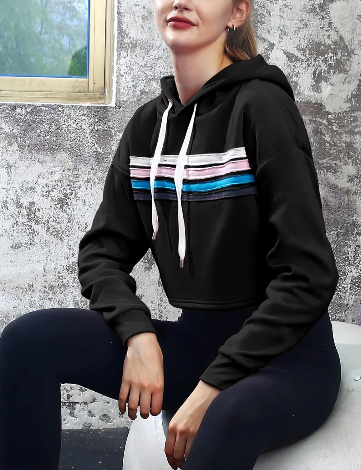 DOUBLJU Casual Crop Hoodies Long Sleeve Pullover Drawstring Hooded Sweatshirts Basic Cropped Tops for Womens with Plus Size