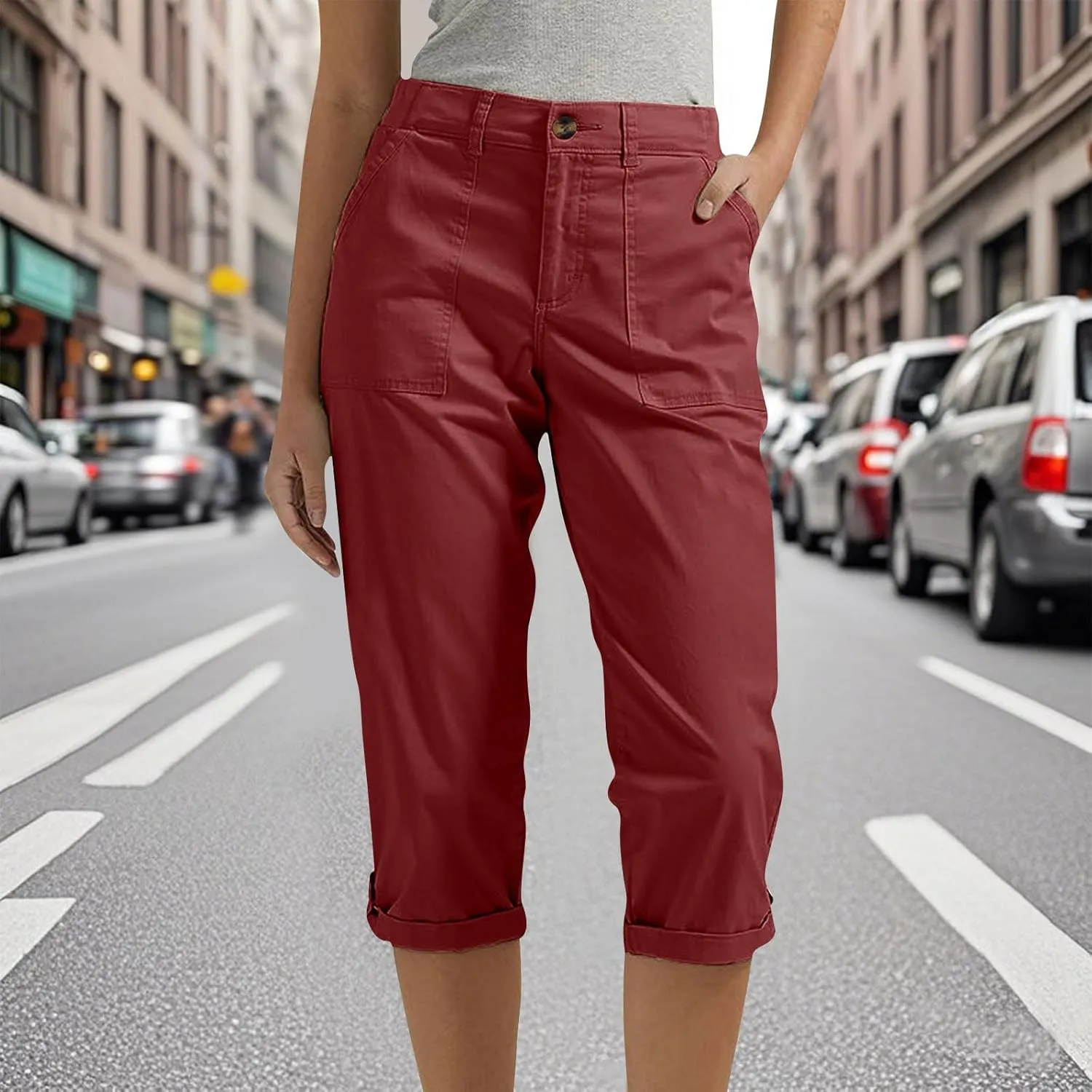 fanmpghleoo Dressy Capri Pants for Women Casual High Waisted Capris Cargo Pants with Pockets Slim-Fit Tapered Cotton Capris