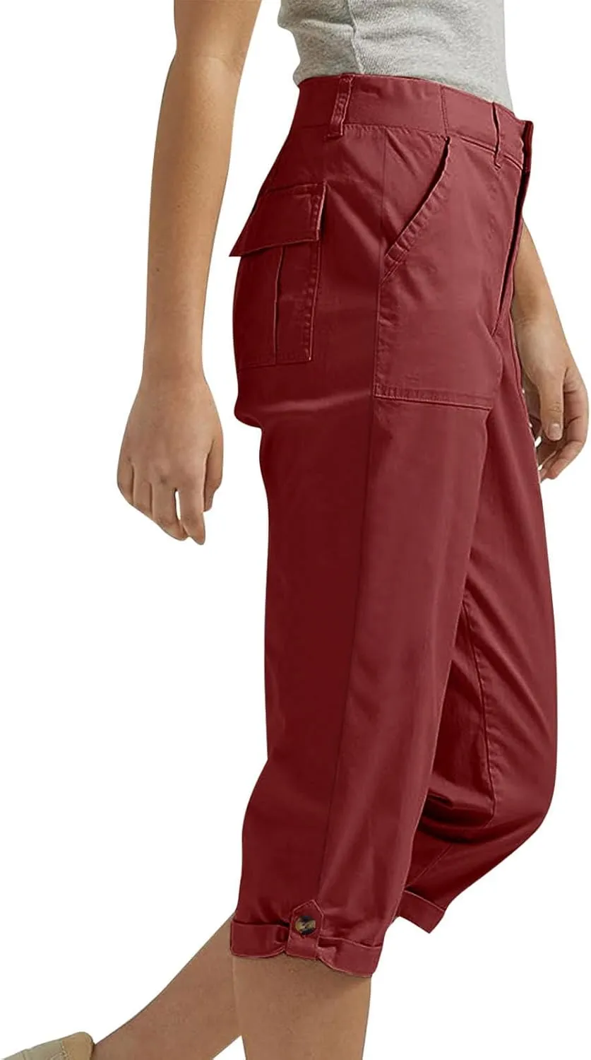 fanmpghleoo Dressy Capri Pants for Women Casual High Waisted Capris Cargo Pants with Pockets Slim-Fit Tapered Cotton Capris