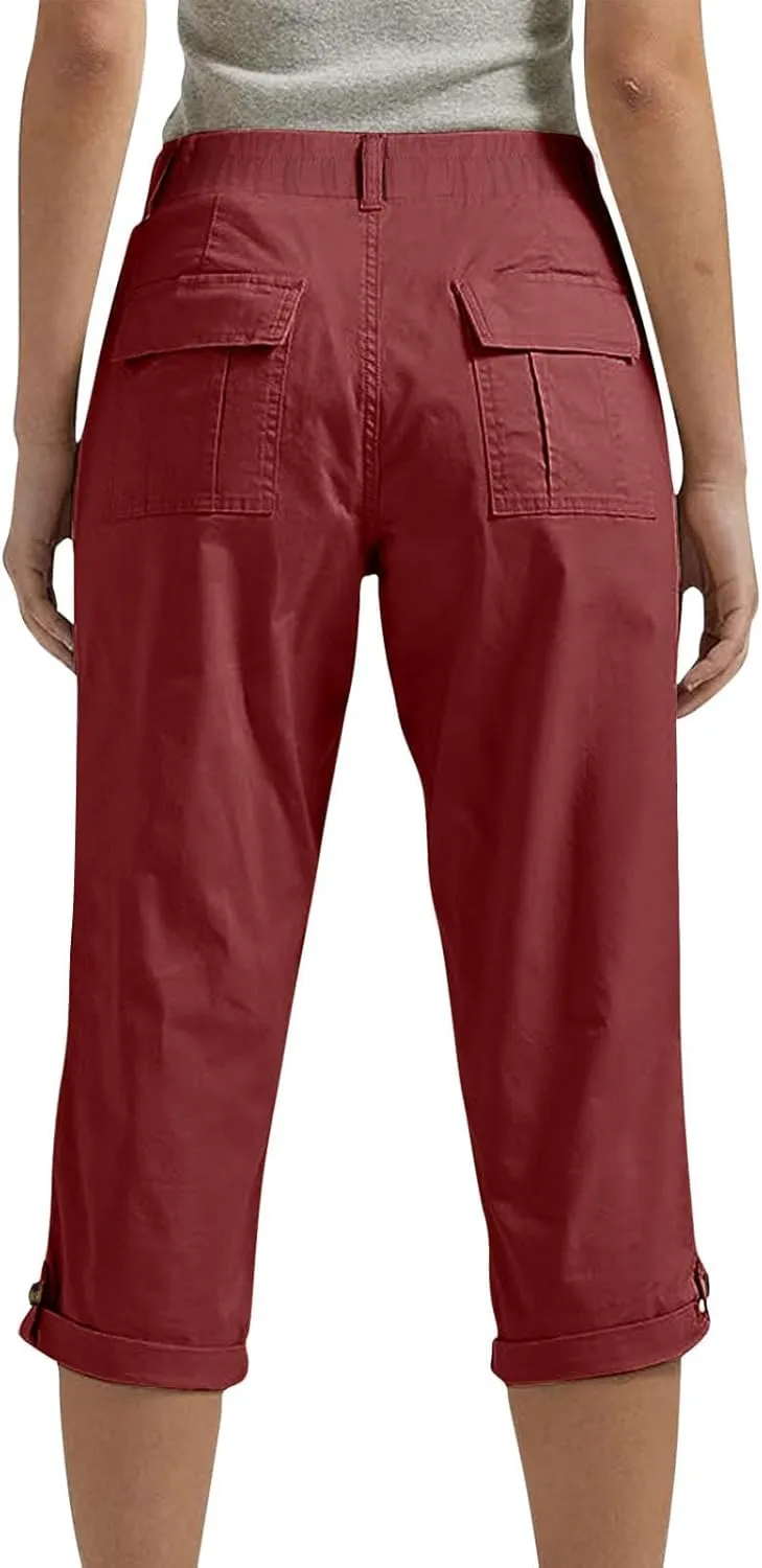 fanmpghleoo Dressy Capri Pants for Women Casual High Waisted Capris Cargo Pants with Pockets Slim-Fit Tapered Cotton Capris