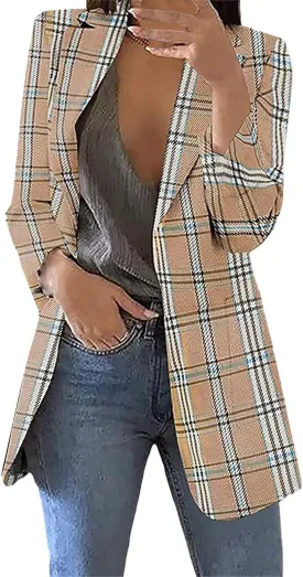 Fashion Plaid Blazer for Women Casual Lapel Collared Work Office Suit Jacket with Pockets Cozy Slim Fit Business Coat