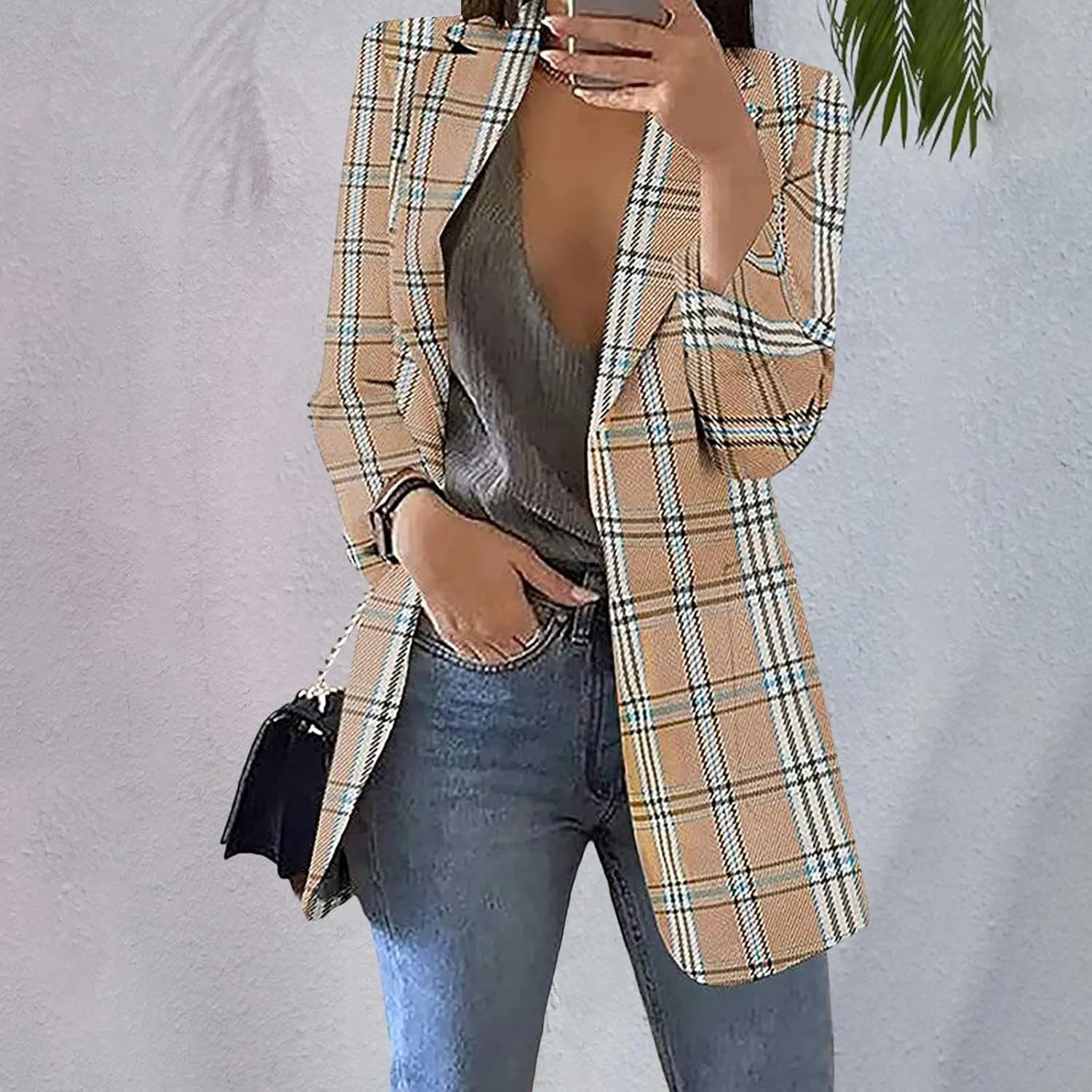 Fashion Plaid Blazer for Women Casual Lapel Collared Work Office Suit Jacket with Pockets Cozy Slim Fit Business Coat