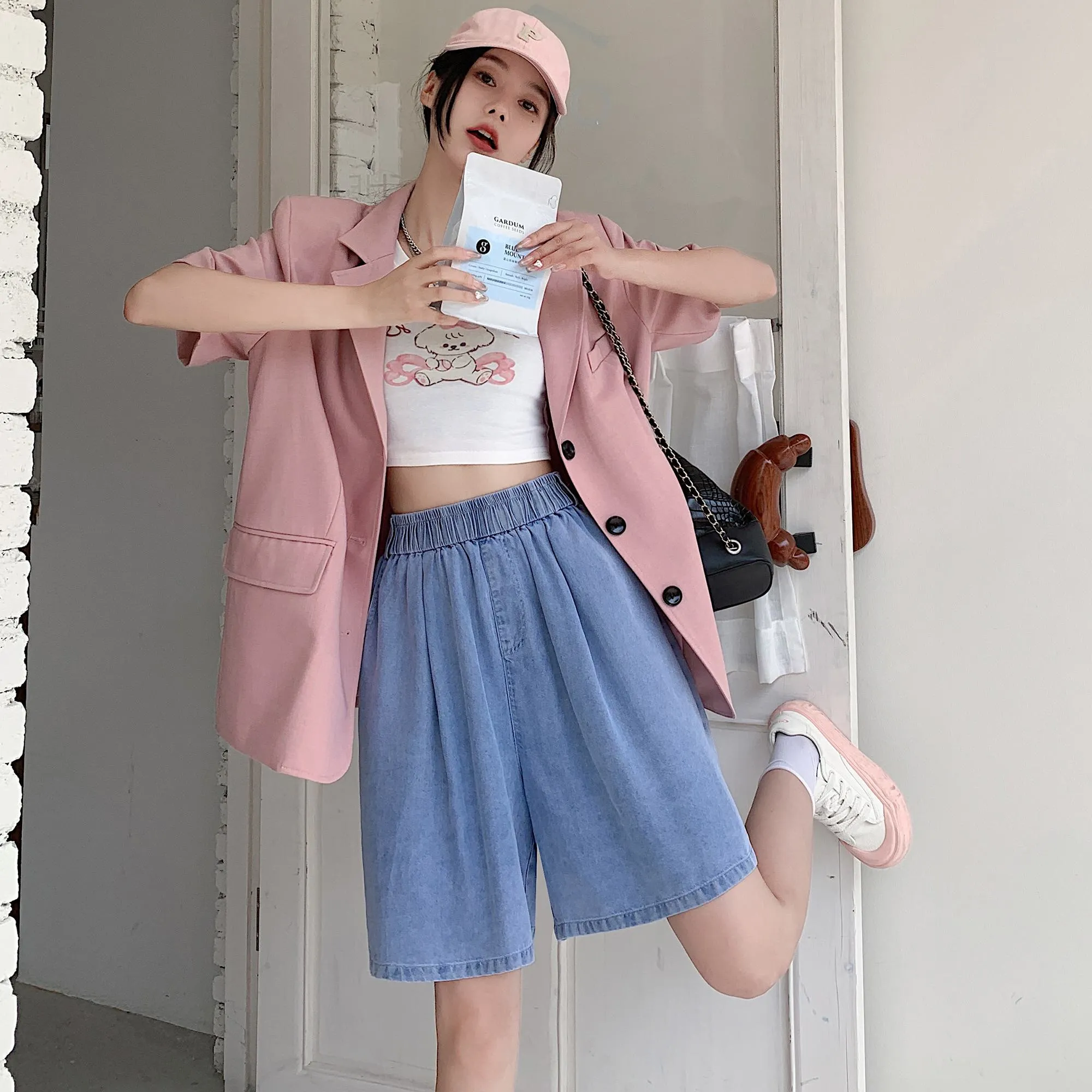 High-Waisted Draping Lyocell Wide-Leg Thin Loose Fit Versatile Denim Shorts