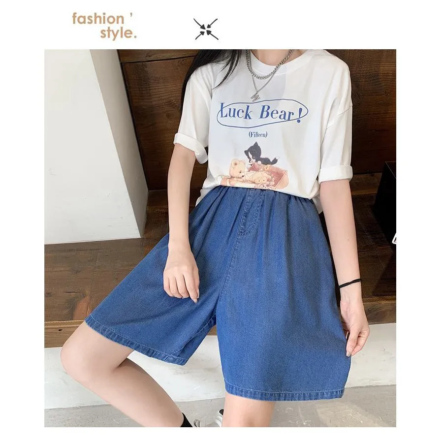 High-Waisted Draping Lyocell Wide-Leg Thin Loose Fit Versatile Denim Shorts