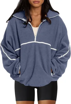 LASLULU Womens Half Zip Pullover Sweatshirt Sherpa Fleece Jacket Oversized Sweatshirts Warm Fuzzy Sweaters Pockets