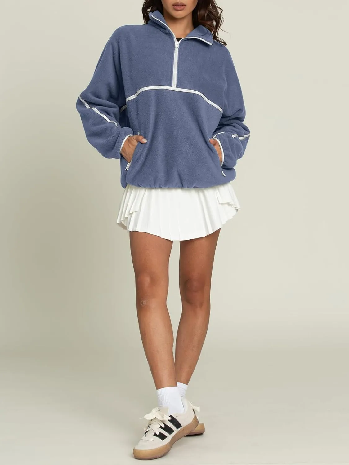 LASLULU Womens Half Zip Pullover Sweatshirt Sherpa Fleece Jacket Oversized Sweatshirts Warm Fuzzy Sweaters Pockets