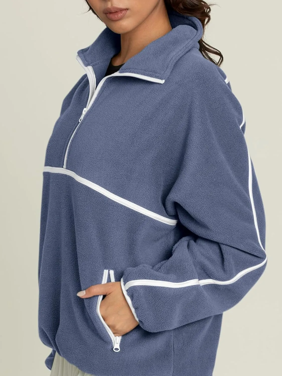 LASLULU Womens Half Zip Pullover Sweatshirt Sherpa Fleece Jacket Oversized Sweatshirts Warm Fuzzy Sweaters Pockets