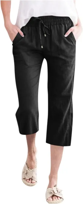 Linen Capri Pants Women Women's Loose Cotton Linen Drawstring Capris 2025 Summer Straight Wide Leg Trousers
