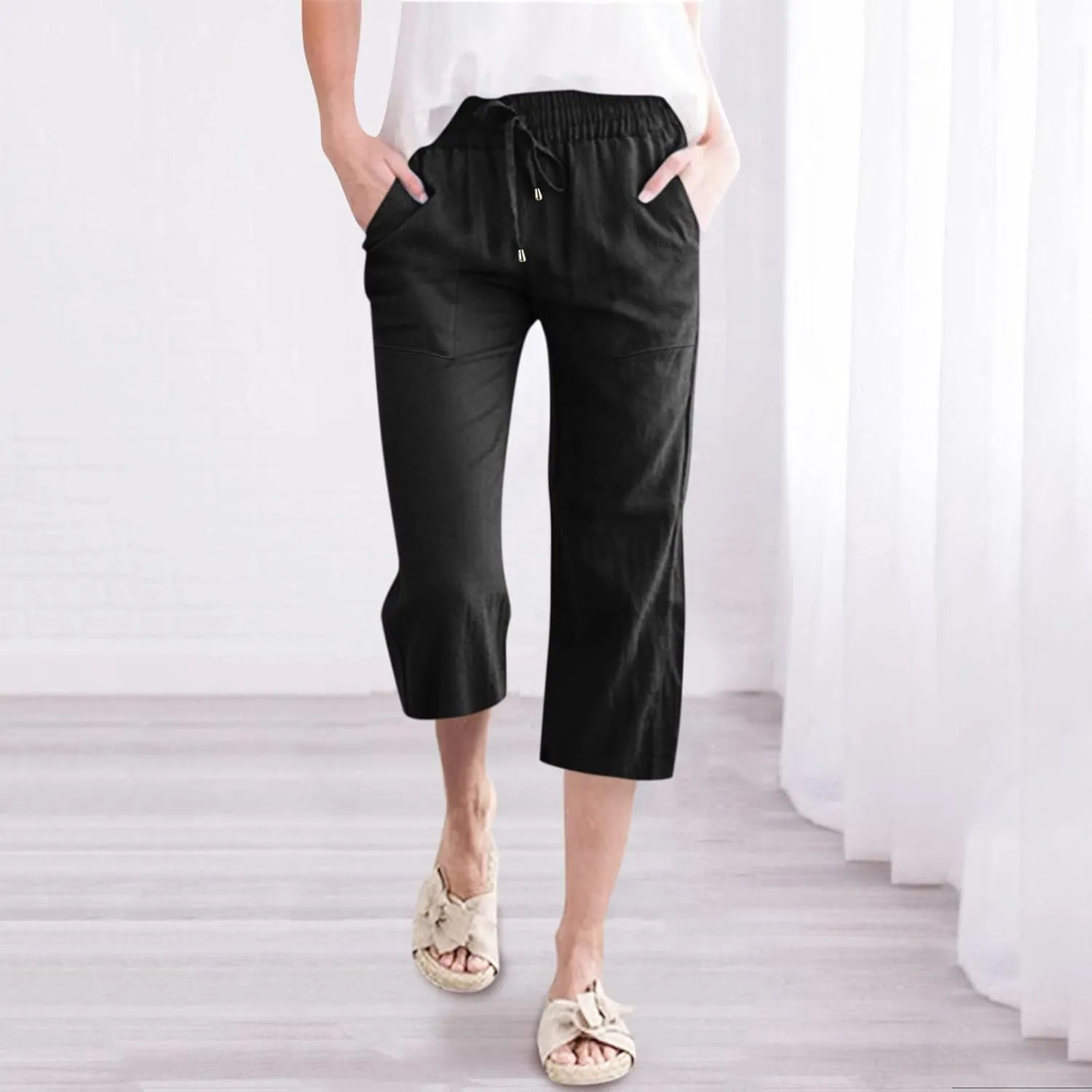Linen Capri Pants Women Women's Loose Cotton Linen Drawstring Capris 2025 Summer Straight Wide Leg Trousers