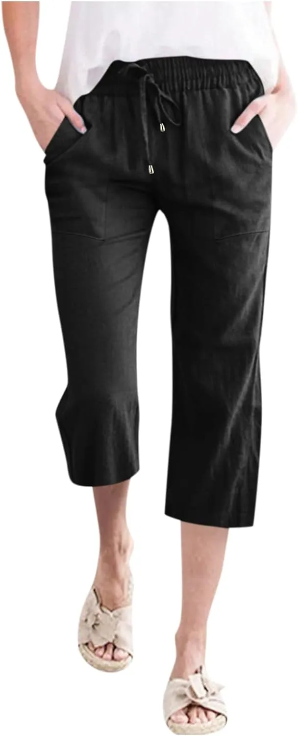 Linen Capri Pants Women Women's Loose Cotton Linen Drawstring Capris 2025 Summer Straight Wide Leg Trousers