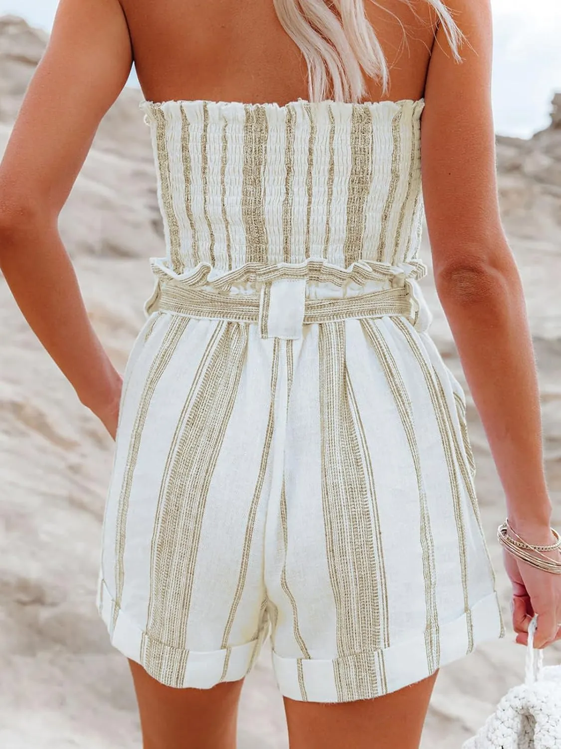 Linen Shorts for Women Striped Shorts with Pockets Ruffled Casual High Waisted Summer Beach Shorts