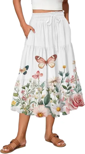 Midi Skirts for Women 2025 Boho Floral Skirts High Elastic Waisted Tiered Ruffle Skirt Flowy A Line Skorts with Pockets