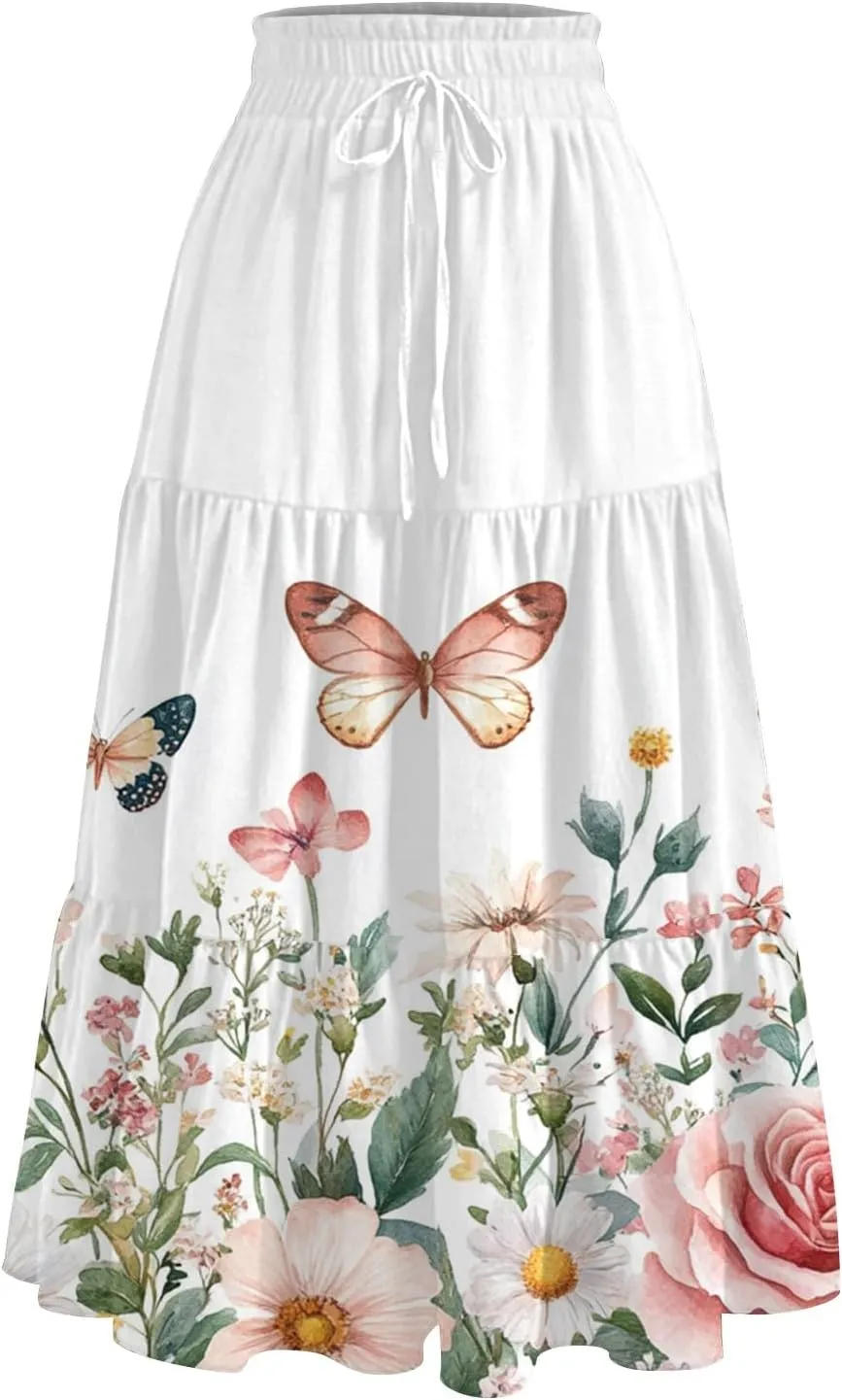 Midi Skirts for Women 2025 Boho Floral Skirts High Elastic Waisted Tiered Ruffle Skirt Flowy A Line Skorts with Pockets