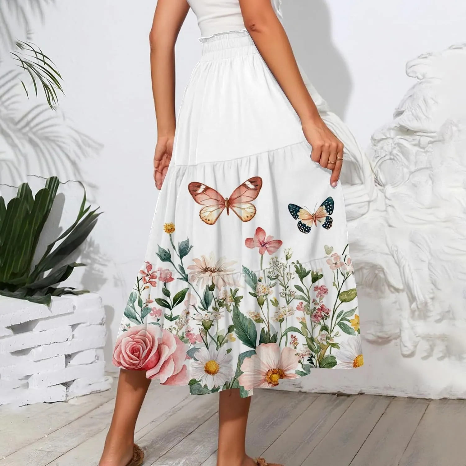 Midi Skirts for Women 2025 Boho Floral Skirts High Elastic Waisted Tiered Ruffle Skirt Flowy A Line Skorts with Pockets