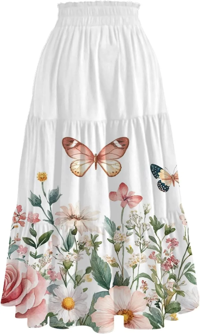 Midi Skirts for Women 2025 Boho Floral Skirts High Elastic Waisted Tiered Ruffle Skirt Flowy A Line Skorts with Pockets