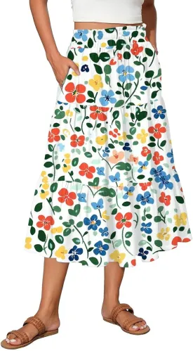 Midi Skirts for Women 2025 Boho Floral Skirts High Elastic Waisted Tiered Ruffle Skirt Flowy A Line Skorts with Pockets