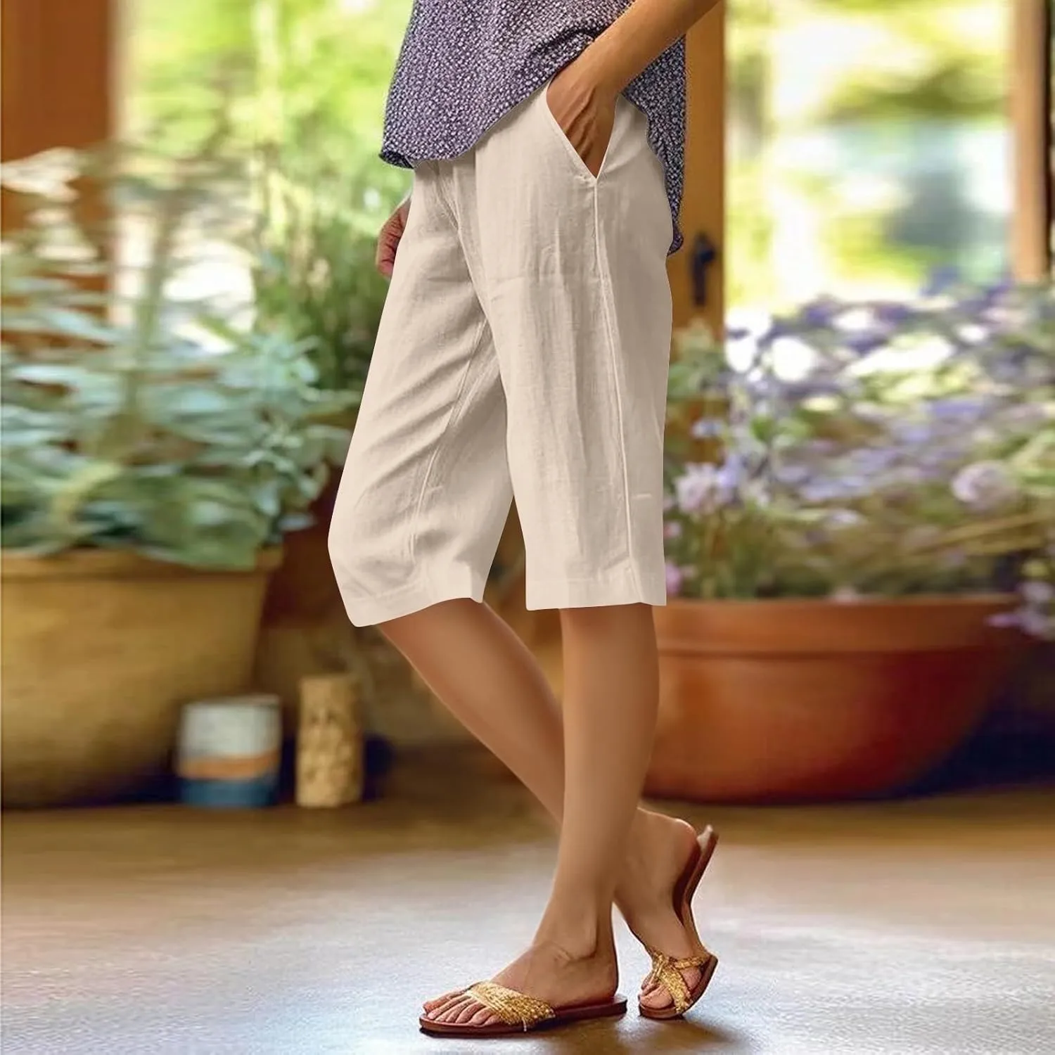 Pedal Pushers for Women Elastic Wasit Linen Shorts Summer Boho Lightweight Baggy Cropped Capris Pants with Pockets