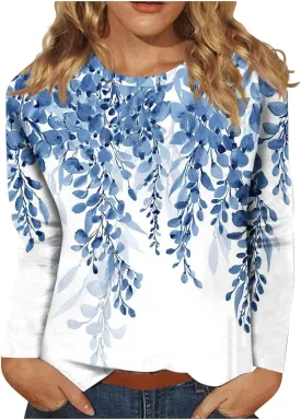 Shirts for Women Long Sleeve Crew Neck Tops Fall Tee Ladies Casual Loose Fit Printed Cute Basic Comfy Work Blouse