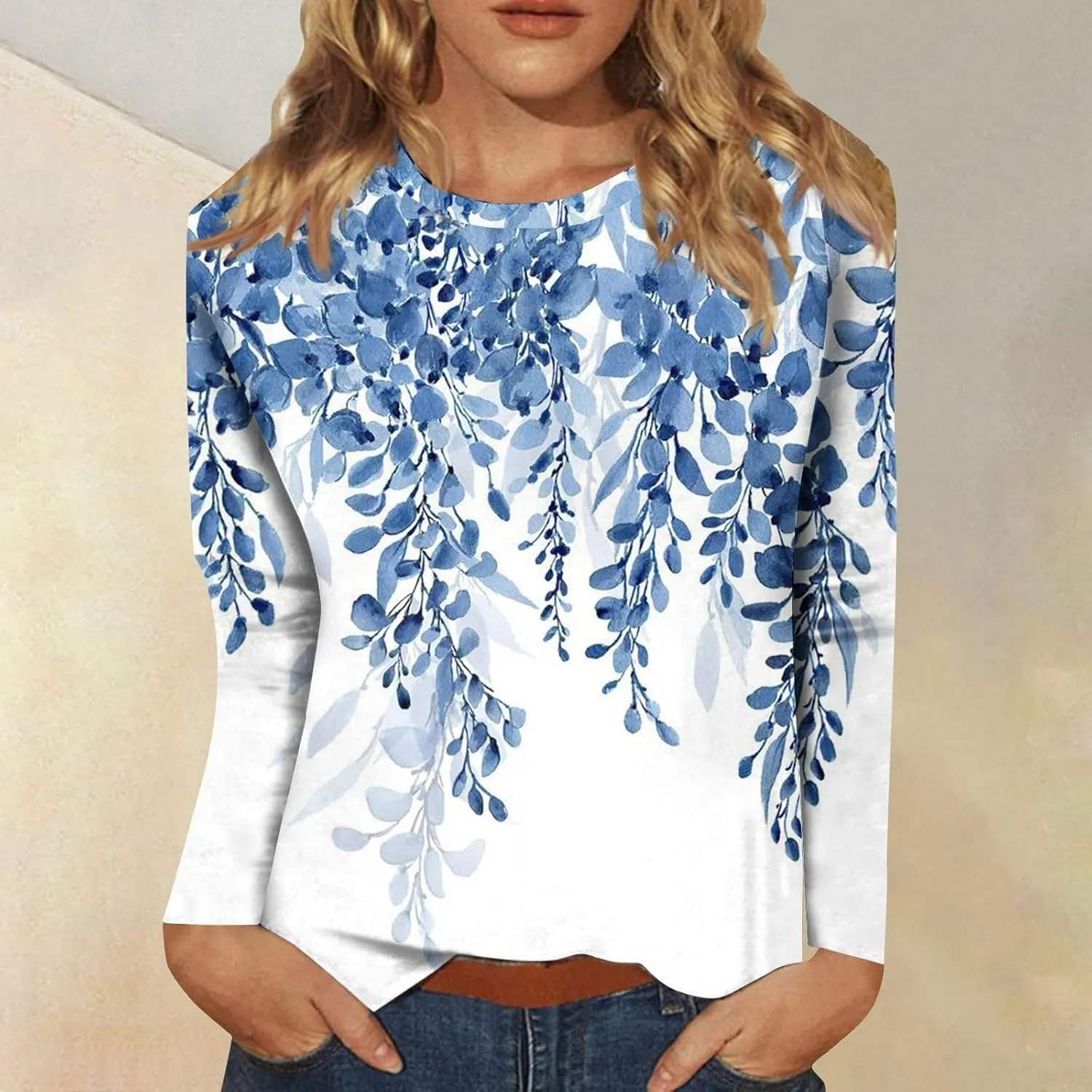 Shirts for Women Long Sleeve Crew Neck Tops Fall Tee Ladies Casual Loose Fit Printed Cute Basic Comfy Work Blouse