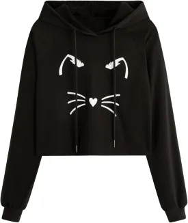 SweatyRocks Women's Long Sleeve Hoodie Crop Top Cat Print Sweatshirt