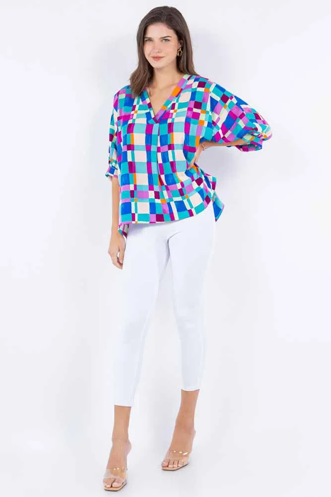Teal Combo Wide V-Neck S/S top
