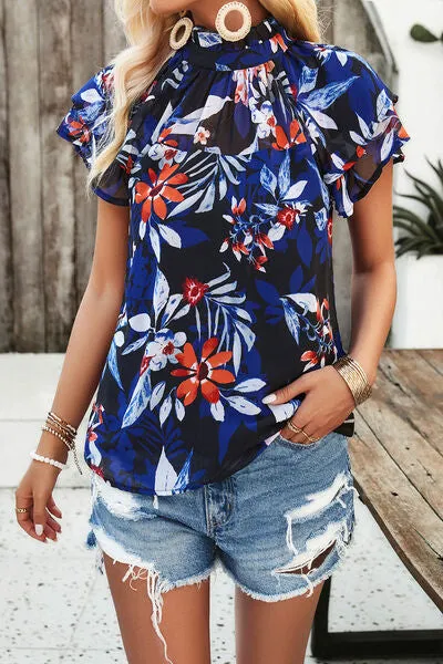 TEEK - Printed Ruffled Mock Neck Blouse