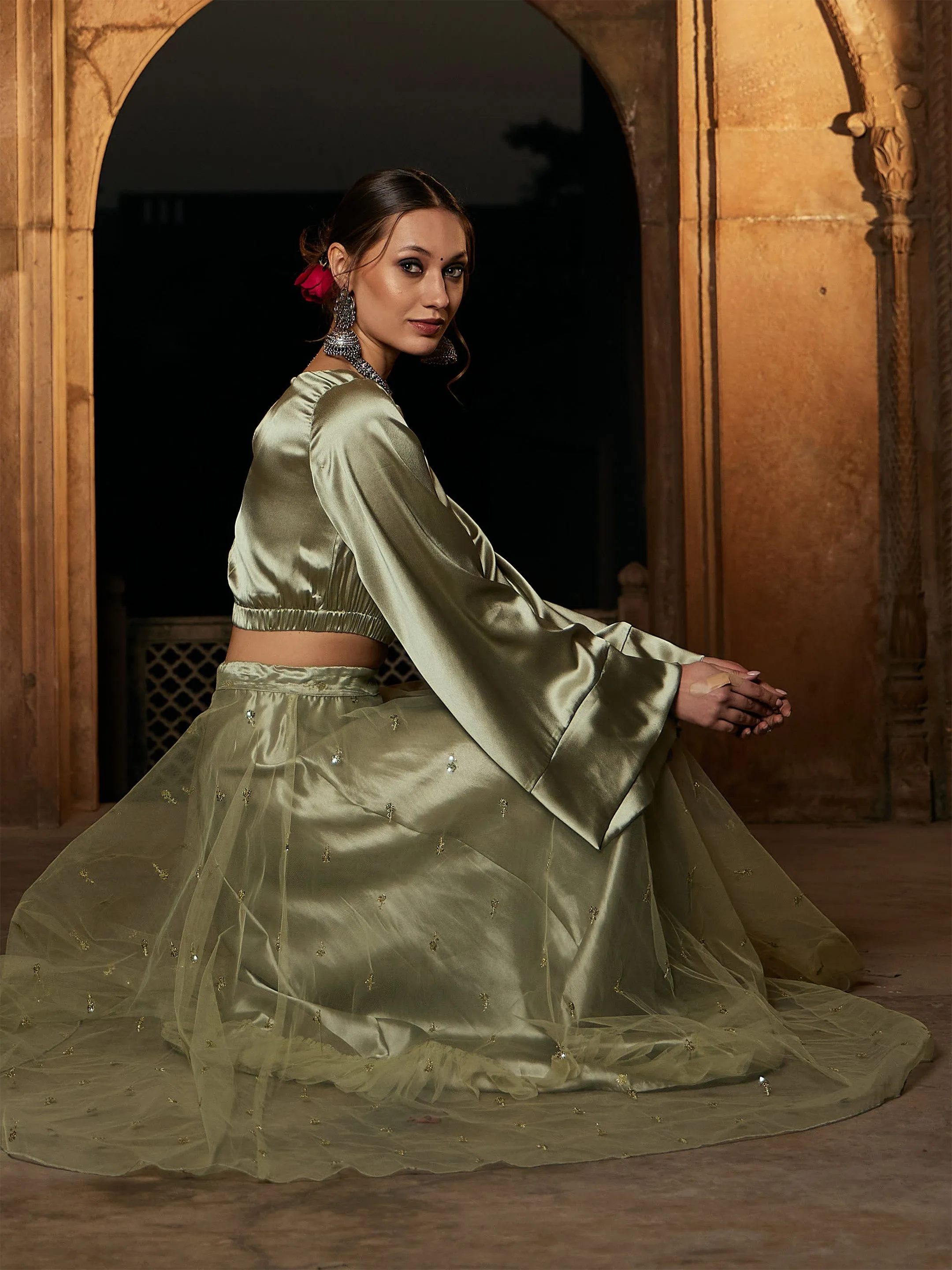 Women Olive Satin Flared Sleeves Crop Top