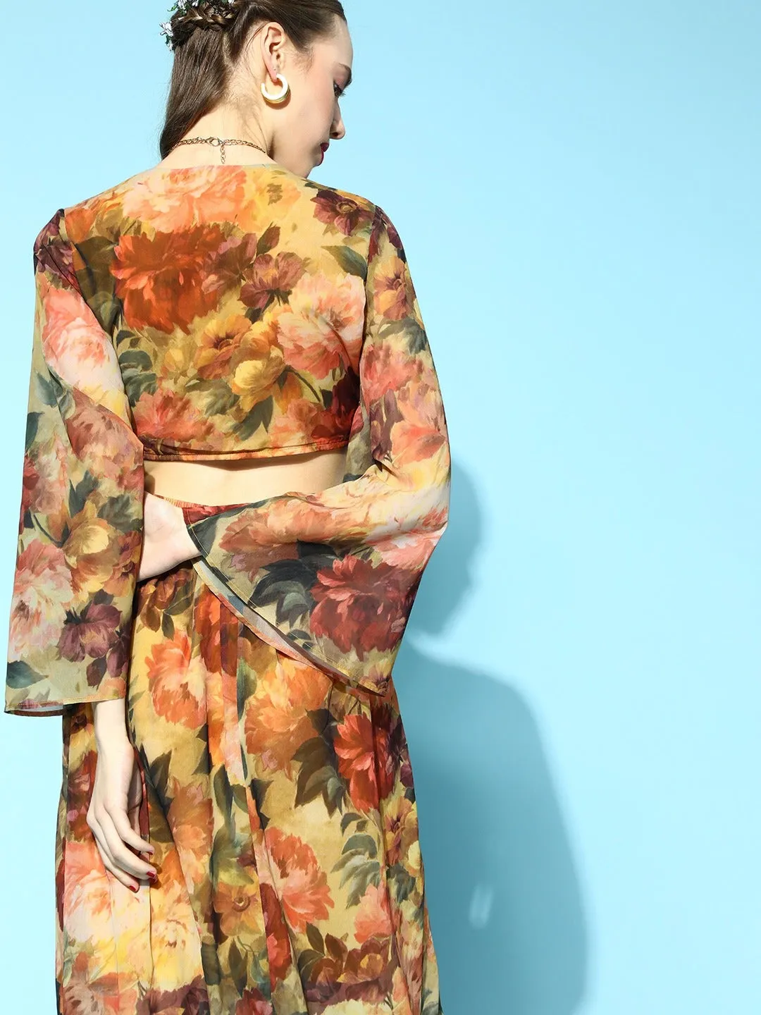 Women Rust Floral Front Tie-Up Crop Top