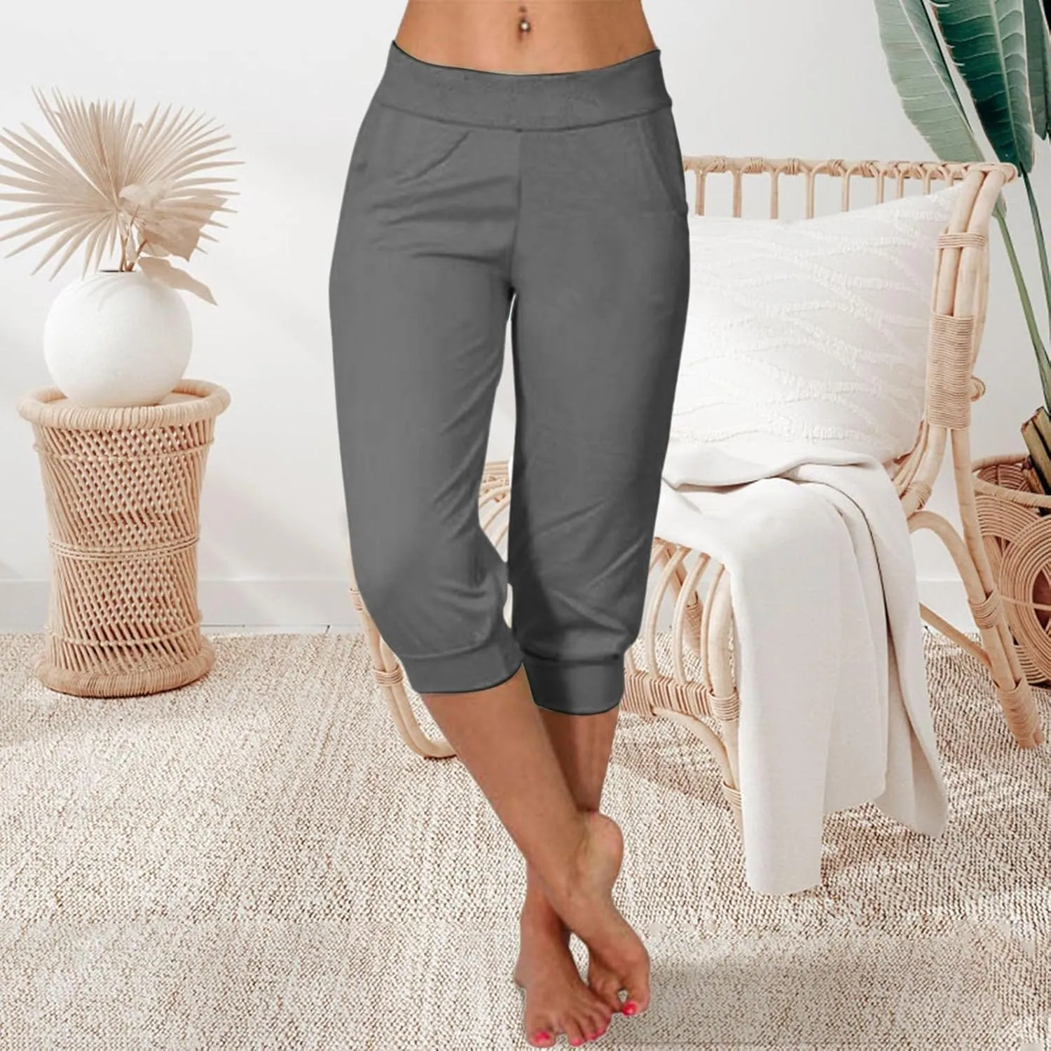 Women's Fashion Capri Pants Gym Workout Exercise Fitness Sweatpants Stretch Casual Fold-Over Hem Capri Sports Legging