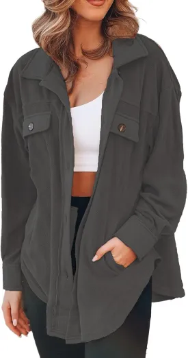Womens Fleece Button Down Shacket Jacket Shirts Lapel Collar Long Sleeve Boyfriend Tops Casual Loose Fall Blouses