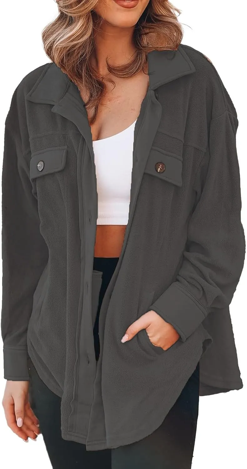 Womens Fleece Button Down Shacket Jacket Shirts Lapel Collar Long Sleeve Boyfriend Tops Casual Loose Fall Blouses